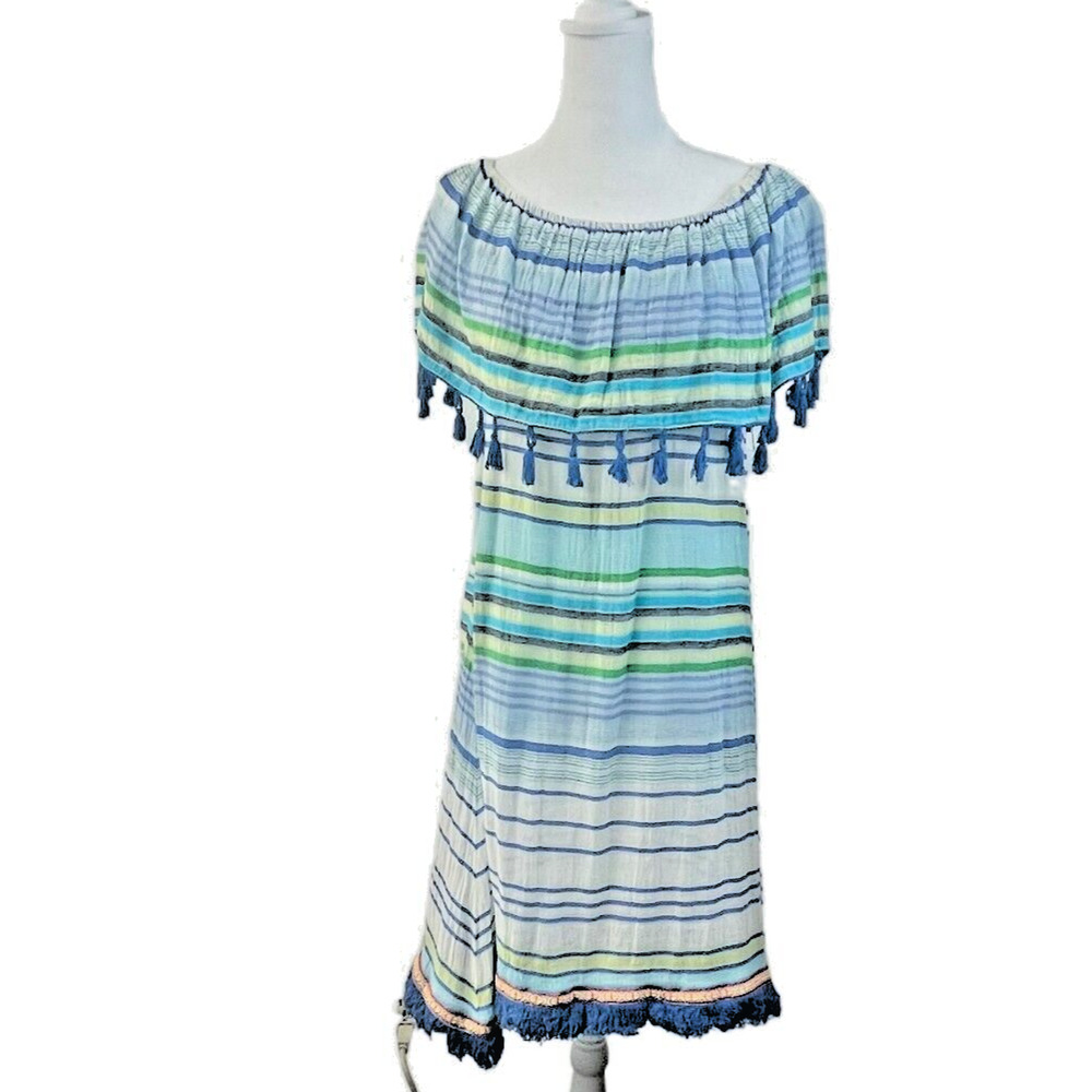 Ruby Yaya Dress Womens Medium Boho Embellished Off Shoulder Crinkle Fringe‎